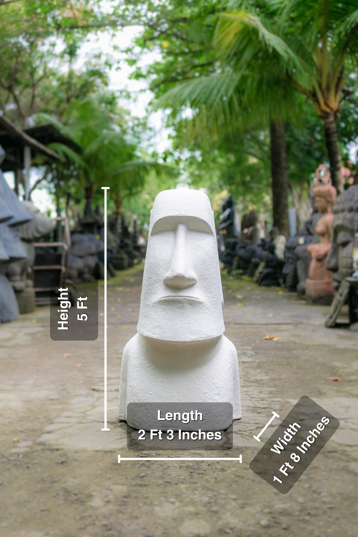 Buy the best outdoor decor with this Moai Easter Island Head statue, 2 feet 3 inches in length and 5 feet tall. Made from durable white concrete and fiber. Shop online now