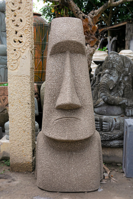 Moai Easter Statue in light terracotta concrete and fiber, measuring 2 feet 2 inches in length, 1 foot 6 inches in width, and 5 feet in height. Perfect for outdoor display. Buy the best online